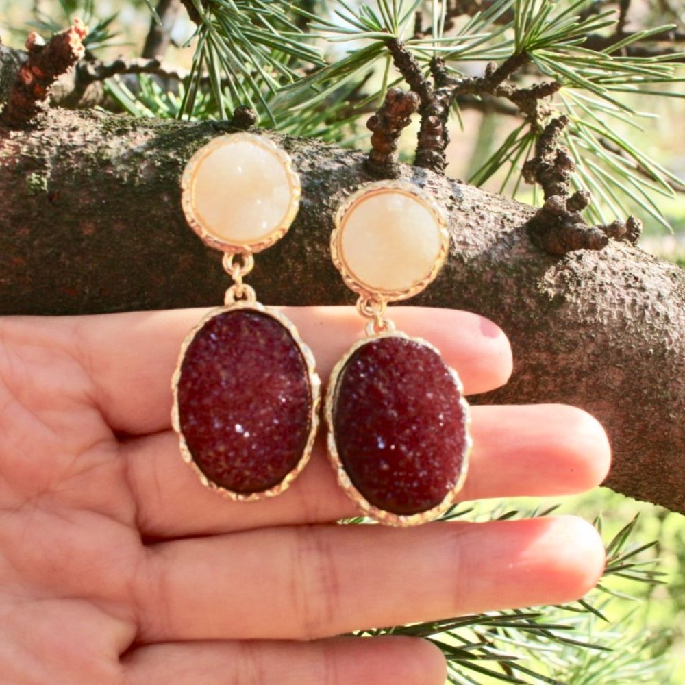Anthropologie‎ Druzy Wine Teardrop Dangle Earrings - Picture 6 of 12